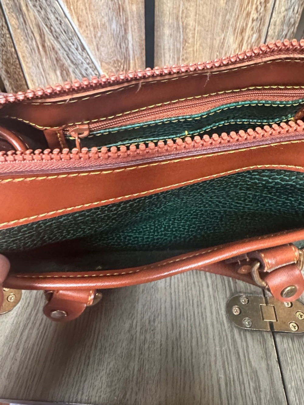 Dooney & Bourke Vintage Green and Brown Pebbled Leather Satchel Tote Handbag - Picture 10 of 14